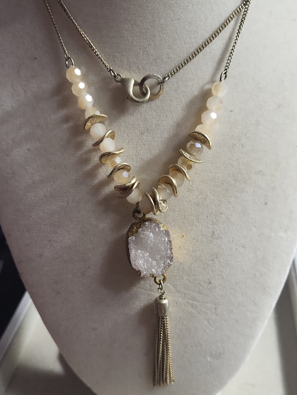 Gold-Tone Druzy Tassel Pendant Necklace in Cream